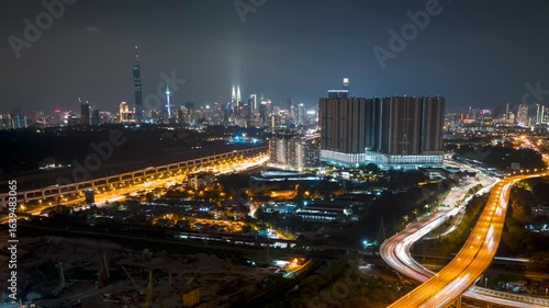 4k aerial time lapse of night scene at Kuala Lumpur city center. Pan right