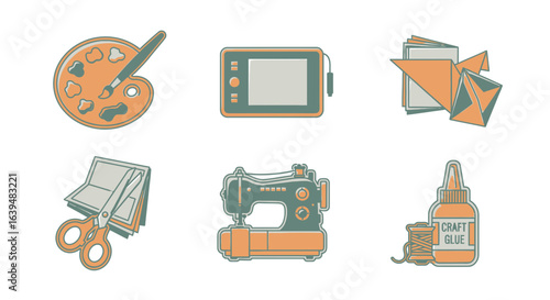 Illustration showcasing various crafting tools and art supplies in a stylized and organized manner