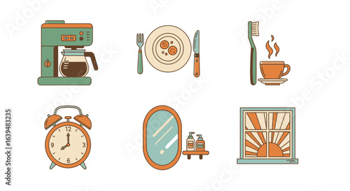 Illustration of morning routine elements including coffee breakfast and hygiene items together