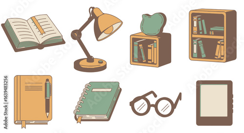 Illustration of study space with books, lamp, notebooks, glasses and e reader on a white background