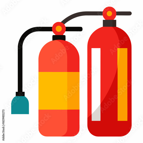 Two red fire extinguishers with yellow and white labels