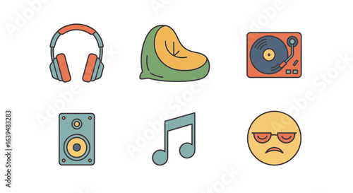 Illustration featuring headphones beanbag chair record player speaker note and emoji with glasses