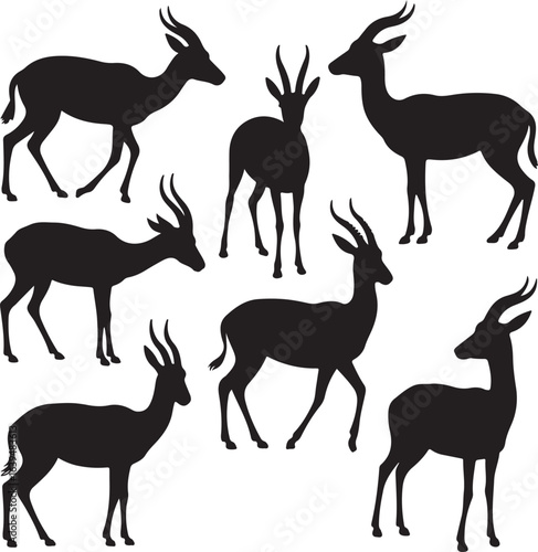 Black Silhouette Gazelle Herd Standing and Walking on White Background antelope deer