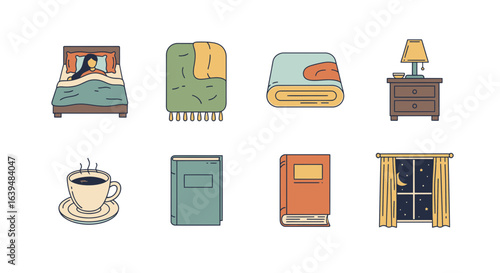 Illustration of a cozy bedroom scene with bed, blankets, books, and nightstand items shown