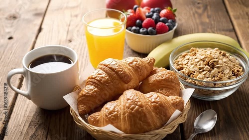 Wallpaper Mural A breakfast spread is arranged on a wooden table with croissants cereal fruit coffee and juice Torontodigital.ca