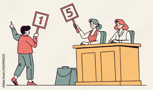 Jury sitting at desk and showing scorecards. Professional estimation on contest. People holding signs with ratings. Cartoon flat vector illustration with fictional characters     