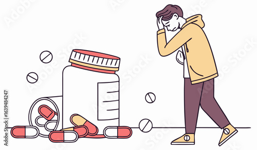 Man with pill addiction concept. Young guy near jar of medicines, painkillers and antidepressants. Sad patient with medications with drug addiction. Cartoon flat vector illustration  