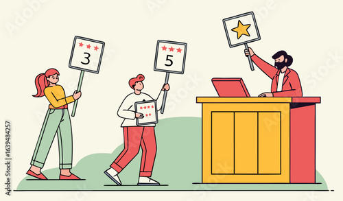 Jury sitting at desk and showing scorecards. Professional estimation on contest. People holding signs with ratings. Cartoon flat vector illustration with fictional characters     