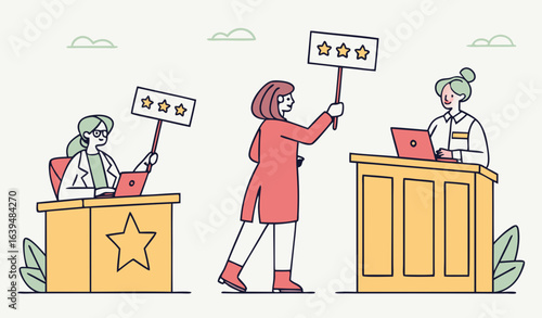 Jury sitting at desk and showing scorecards. Professional estimation on contest. People holding signs with ratings. Cartoon flat vector illustration with fictional characters     