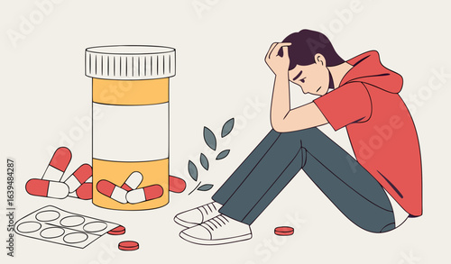 Man with pill addiction concept. Young guy near jar of medicines, painkillers and antidepressants. Sad patient with medications with drug addiction. Cartoon flat vector illustration  