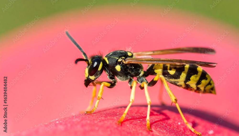 Naklejka premium Detailed Macro Shot of a Yellowjacket Wasp on a Pink Surface