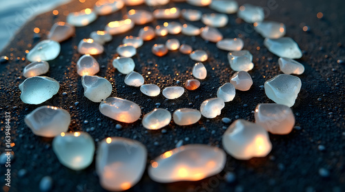Concentric Shell and Glass Spiral on Dark Sand — Seaside Mandala

