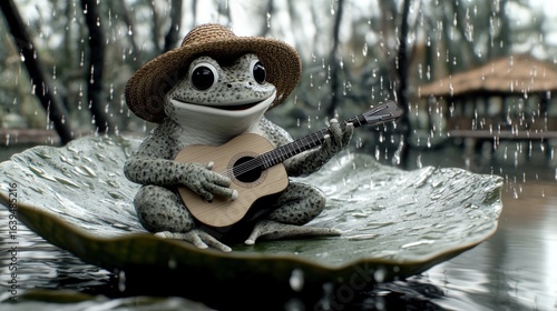 Frog in straw hat plays guitar on lily pad in rain (1)