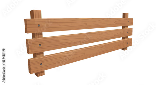 Realistic 3D illustration of a classic wooden fence panel with horizontal rails and posts, isolated on a white background for design