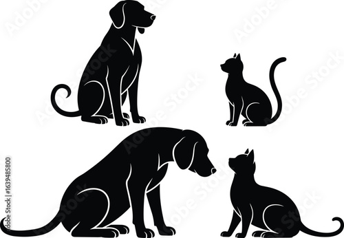 Dog and cat silhouette, sitting pets illustration, domestic animals vector, black pet graphic, animal clipart, isolated on white background.