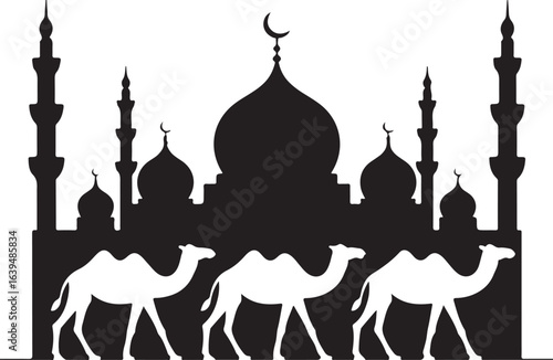 Three camels walking in front of a mosque with minarets and domes Islamic architecture