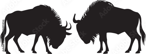 Two Black Wildebeest Silhouettes Facing Each Other on White Background antelope african wildlife