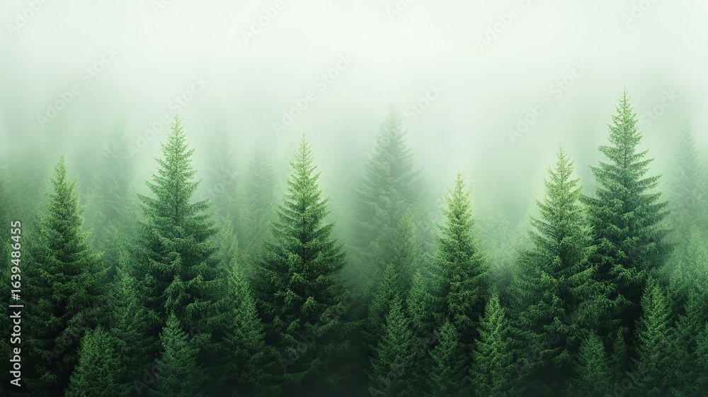 Obraz premium Serene Misty Forest with Lush Green Pine Trees in Atmospheric Setting