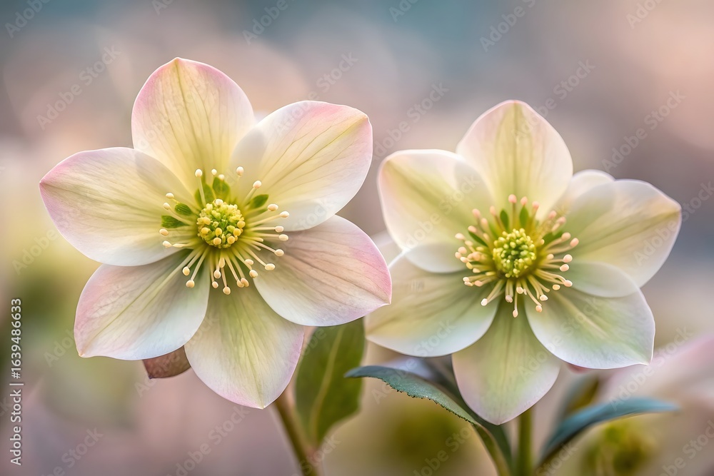 Fototapeta premium Two Delicate Pink and White Hellebore Flowers bloom blossom