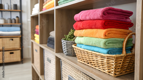 Organized colorful towels and woven baskets in a closet for a neat and tidy home look adding a touch of elegance to home organization