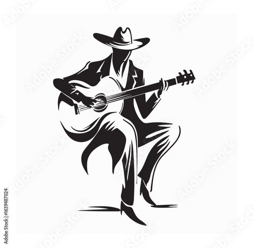 Country Cowboy Playing Guitar Music Logo Vector Illustration Western Style Design