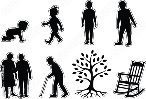 Life stages silhouette icons, baby toddler child adult elderly, aging process symbols, family tree, growth cycle, rocking chair, black vector