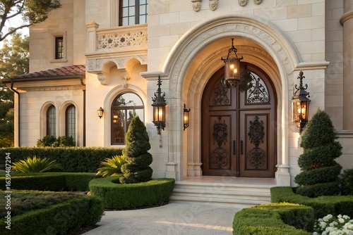 Elegant french renaissance mansion entrance with grand arched doorway and landscaped gardens