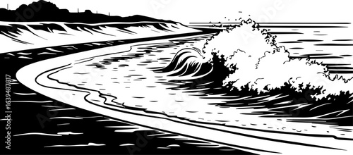 Black and White Illustration of Ocean Waves on a Beach