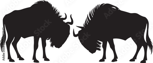 Two Black Wildebeest Silhouettes Facing Each Other On White Background antelope african wildlife
