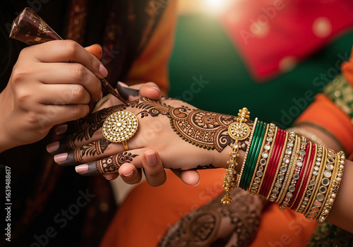 A henna artist applying intricate Mehendi to a bride's hand