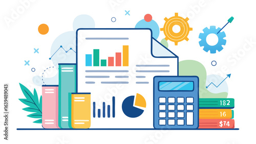 Illustration of a computer screen displaying seo analytics with charts and graphs and search icons