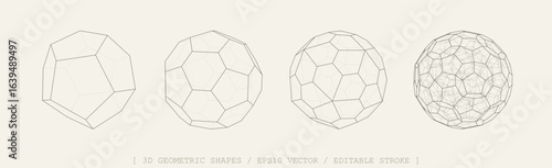 3D vector shapes set. Abstract polyhedron forms in geometry style. Geometric elements includes wireframe lines, spheres, globe, polygon structures. Mesh graphic design for tech, math, science concepts