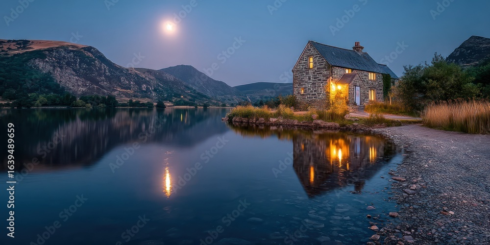 Fototapeta premium A stone house by a mountain lake reflecting the moonlight