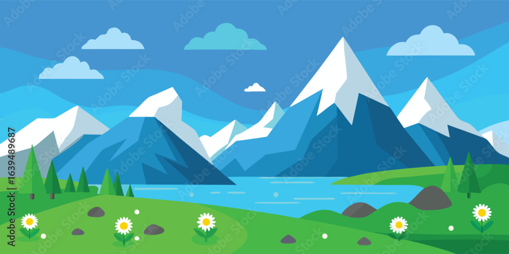 Obraz premium Mountain lake landscape vector background. A flat design illustration of an alpine scene with snow-capped peaks. A minimalist nature wallpaper for a travel poster or adventure banner.