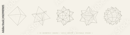 3D vector shapes set. Abstract polyhedron forms in geometry style. Geometric elements includes wireframe lines, stars, cubes, polygon structures. Mesh graphic design for tech, math, science concepts