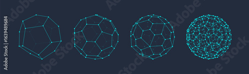 3D vector shapes set. Abstract polyhedron forms in geometry style. Geometric elements with lines and dots wireframe, spheres, polygon structures. Mesh graphic design for tech, math, science concepts