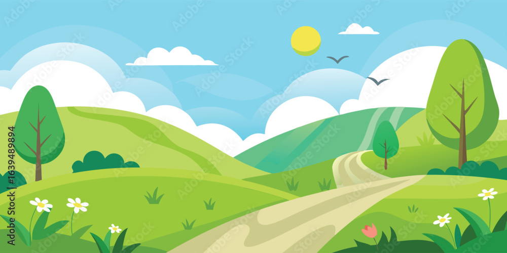 Fototapeta premium Sunny hills landscape vector background. A flat design illustration of a summer countryside scene with a path and birds. A cartoon nature wallpaper for a travel poster or a kids book.