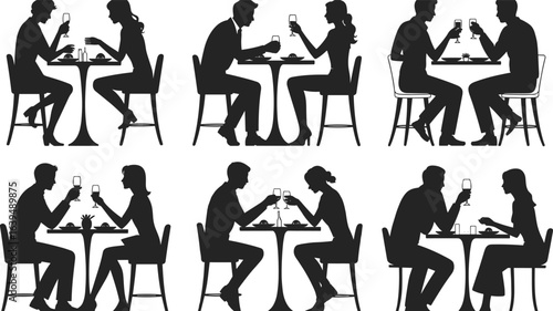 Silhouette couples dining together, romantic dinner date, man and woman drinking wine, restaurant conversation, friends meeting, special evening celebration, love and romance