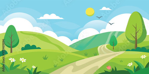 Sunny hills landscape vector background. A flat design illustration of a summer countryside scene with a path and birds. A cartoon nature wallpaper for a travel poster or a kids book.