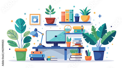 Person sitting cross legged with a laptop in a cozy room with plants and a clock on the wall illustration