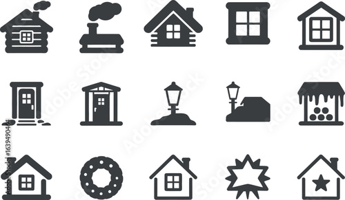 Cozy Home Vector Icons:  Winter Village House Set