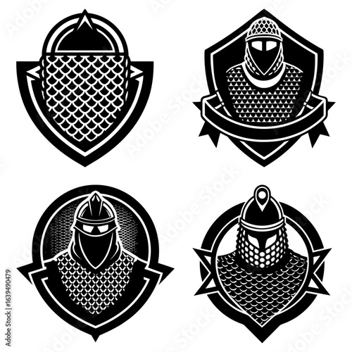 Collection of four black and white knight emblems featuring helmets and armor designs in vector format