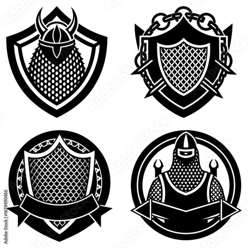 Collection of four black and white heraldic emblems featuring shields knights and viking helmets in simple style