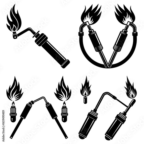 Illustration showing multiple blowtorches with flames in various arrangements and orientations set in black and white
