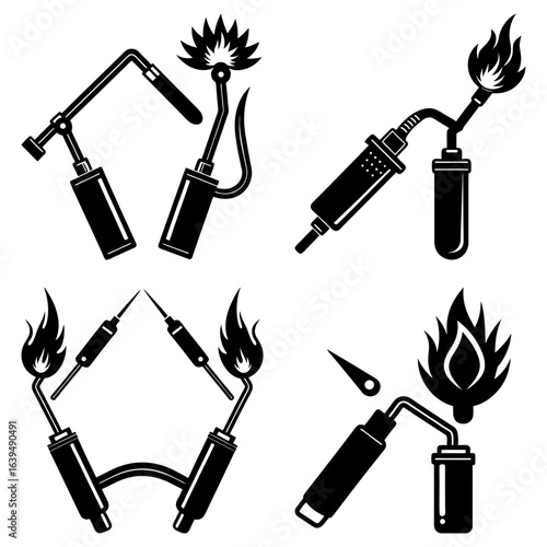 Illustration showing four different types of blowtorches with flames in a black and white style