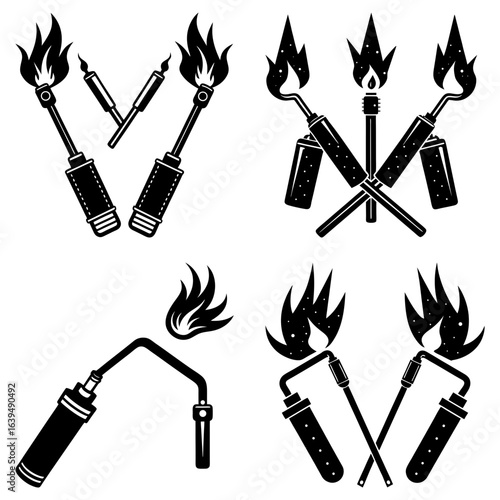 Collection of stylized black and white blowtorches with flames in various arrangements and orientations