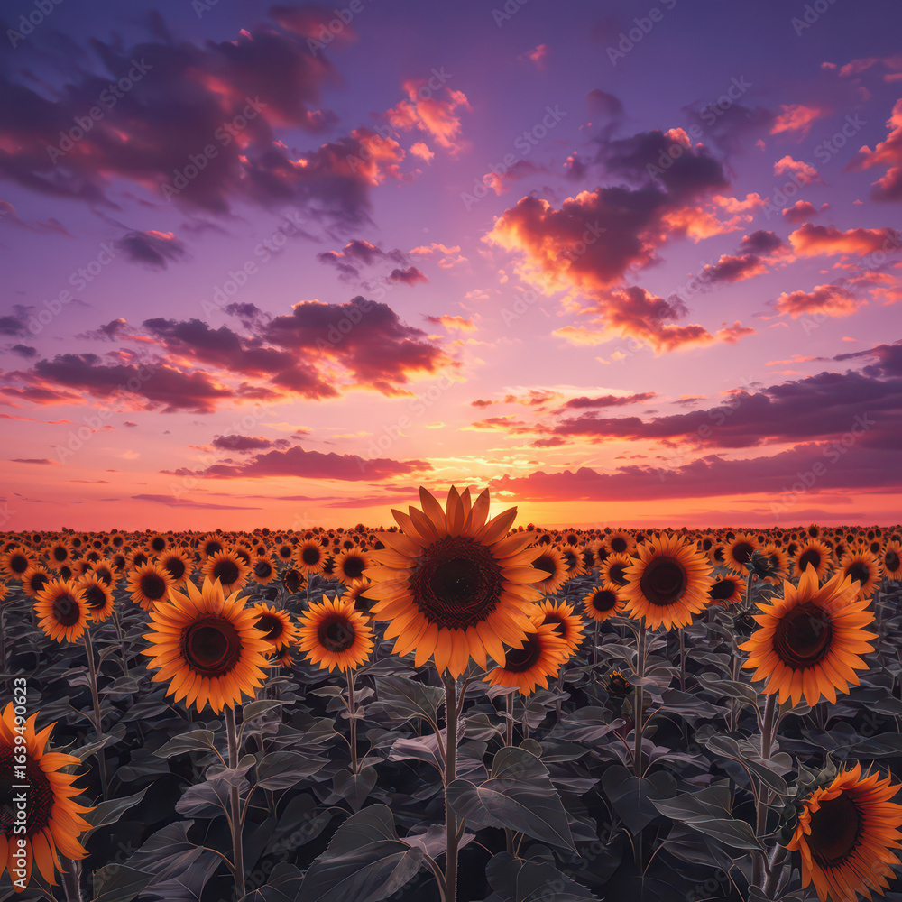 Obraz premium Sunflower Field at Sunset: Vibrant Blooms Under a Colorful Sky, Agriculture and Nature's Beauty