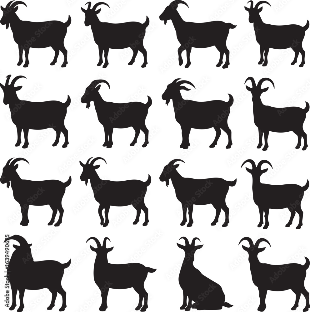 Fototapeta premium Collection of black goat silhouettes in diverse poses on a white background buck