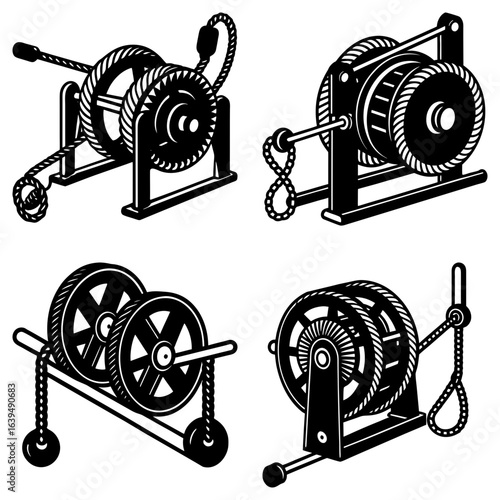 Illustrations of four different black and white vintage style winches with ropes and handles shown
