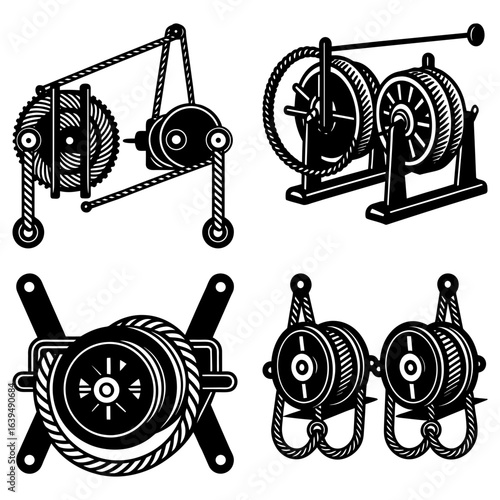 Illustration of four different types of mechanical winches with ropes and pulley systems shown